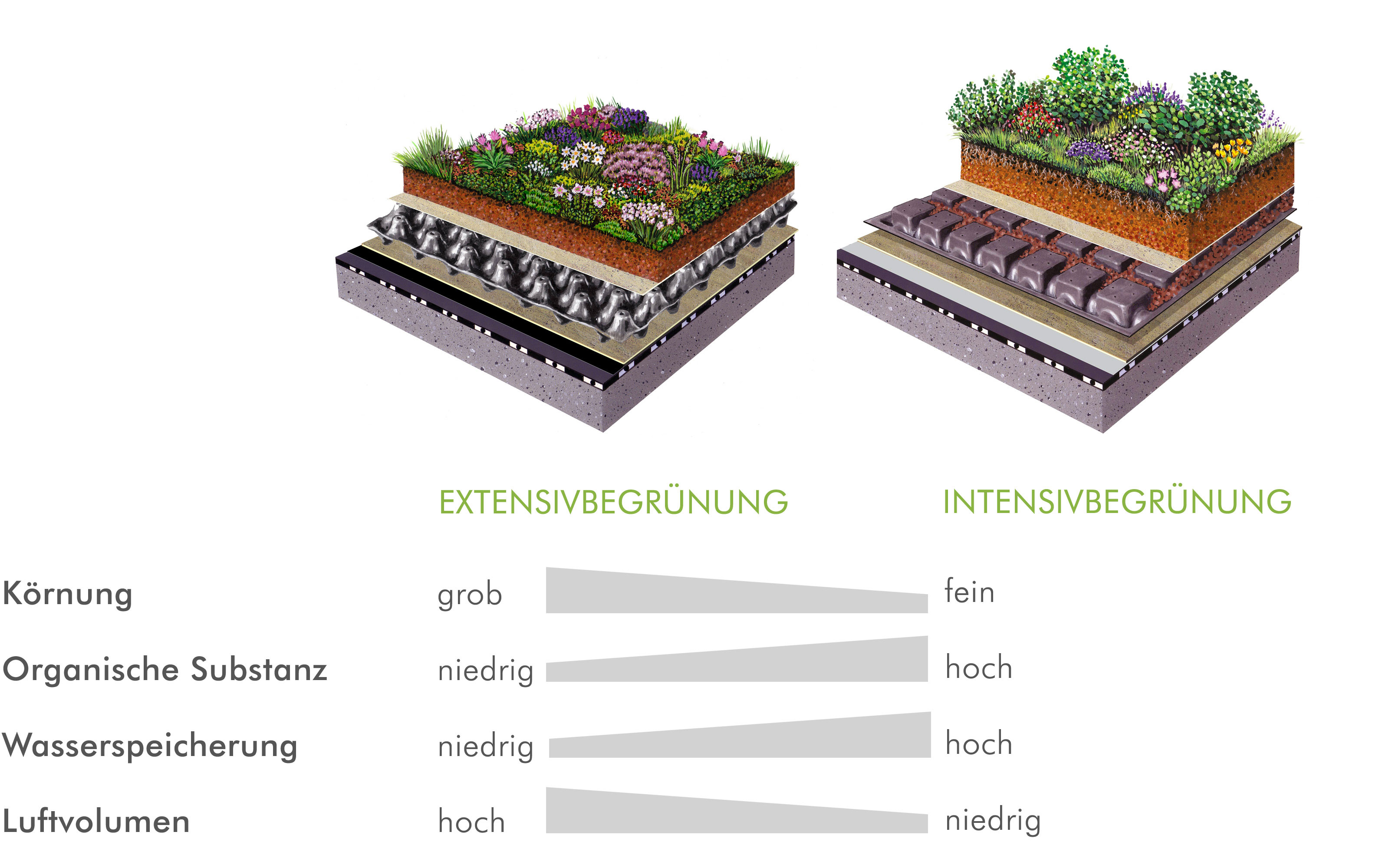 Grafische Darstellung der Verwendung von Substraten für Dachbegrünungen