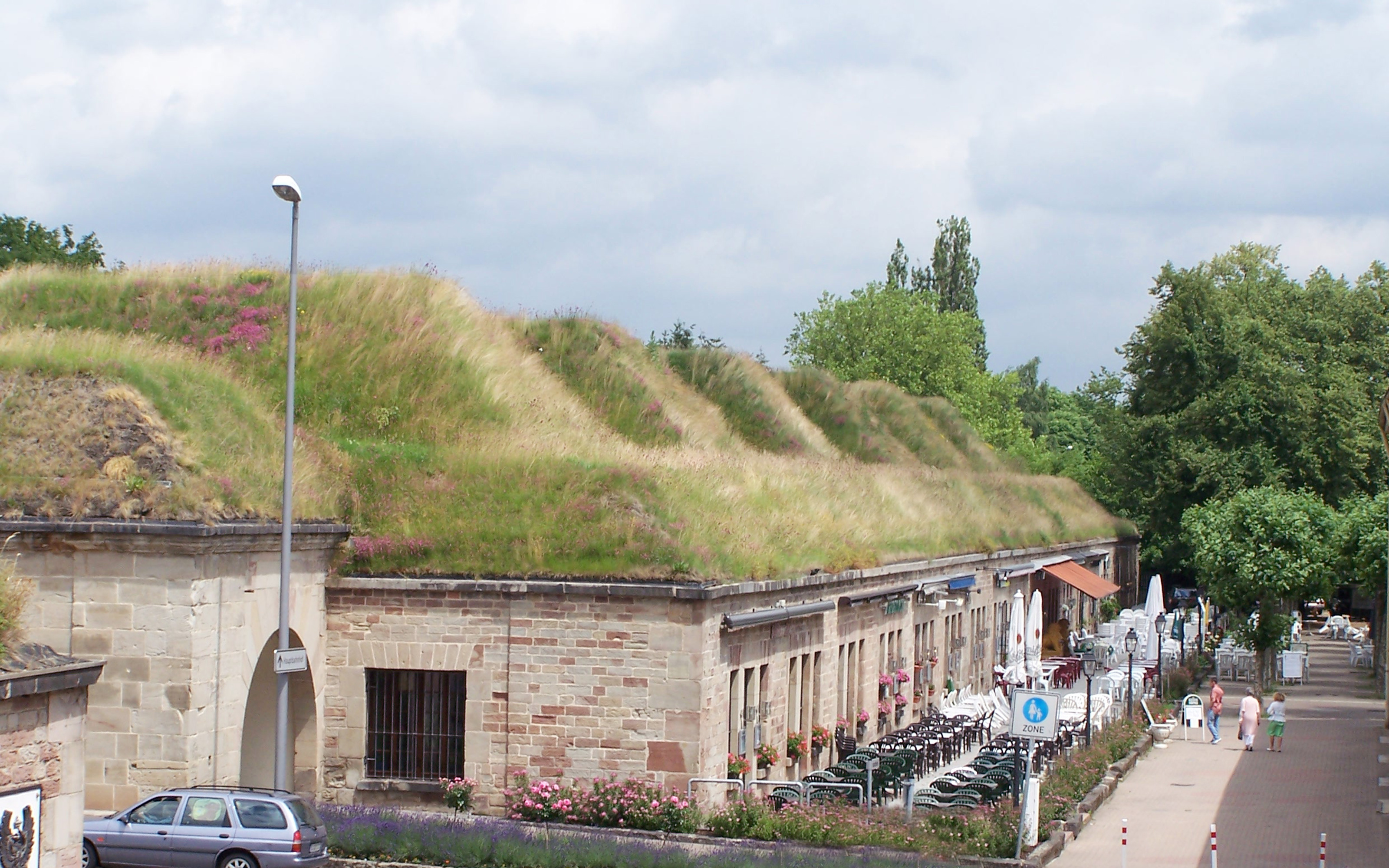 Historisches Gebäude mit blühender Wiese auf dem Schrägdach