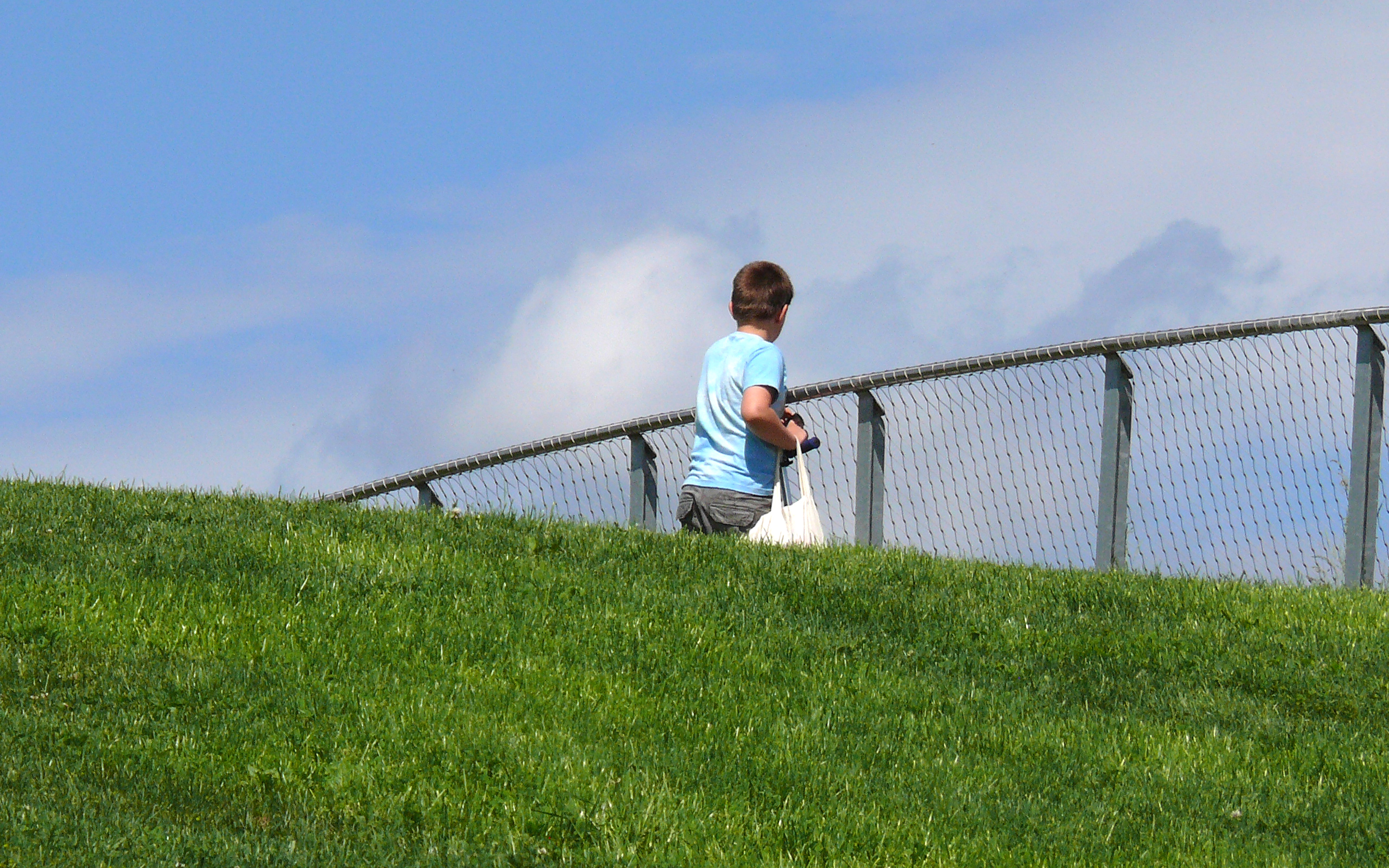 Ein Junge steht am Geländer auf einem mit Rasen begrünten Tonnendach