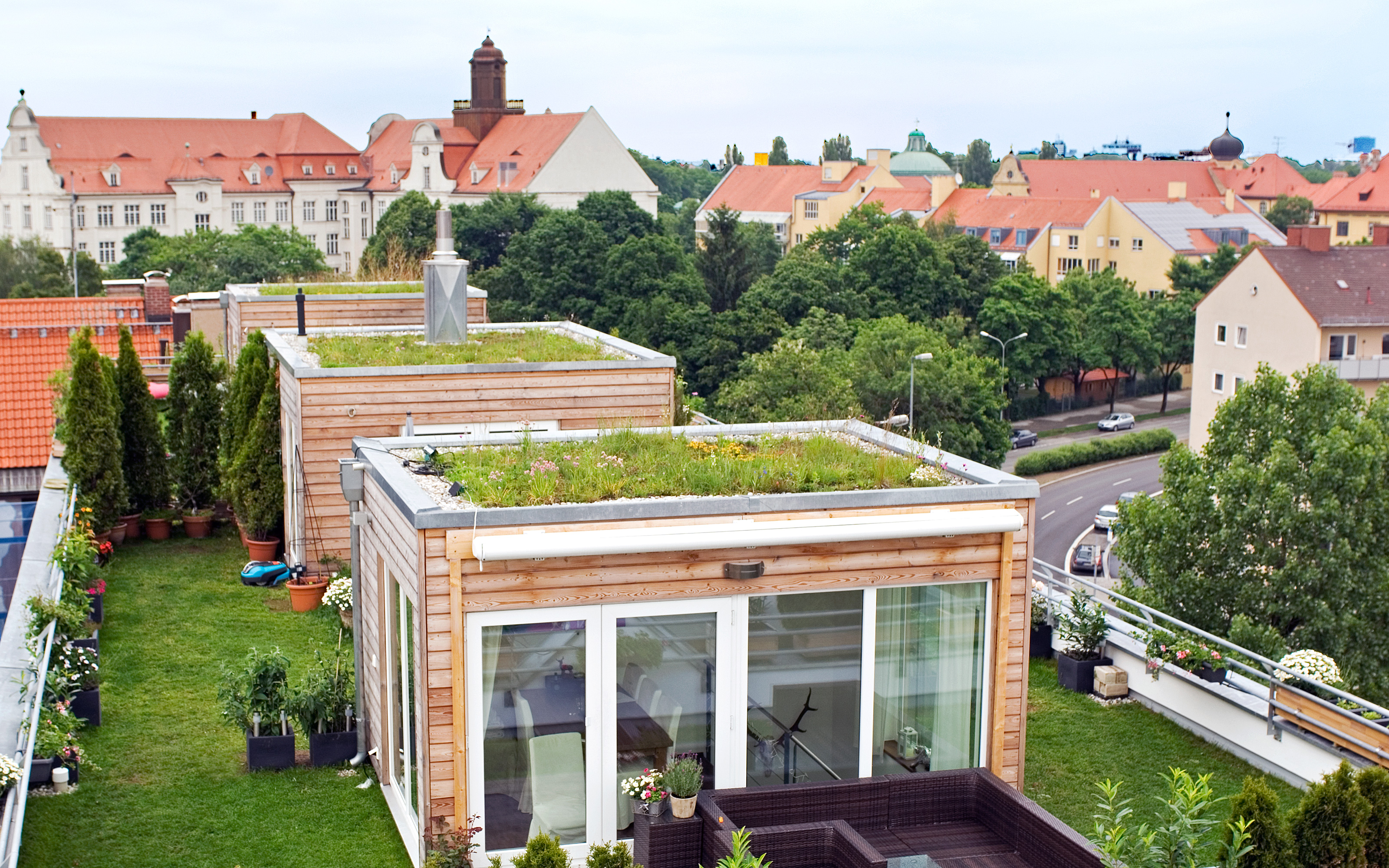 Dachgarten mit Rasen und würfelartigen Häuschen
