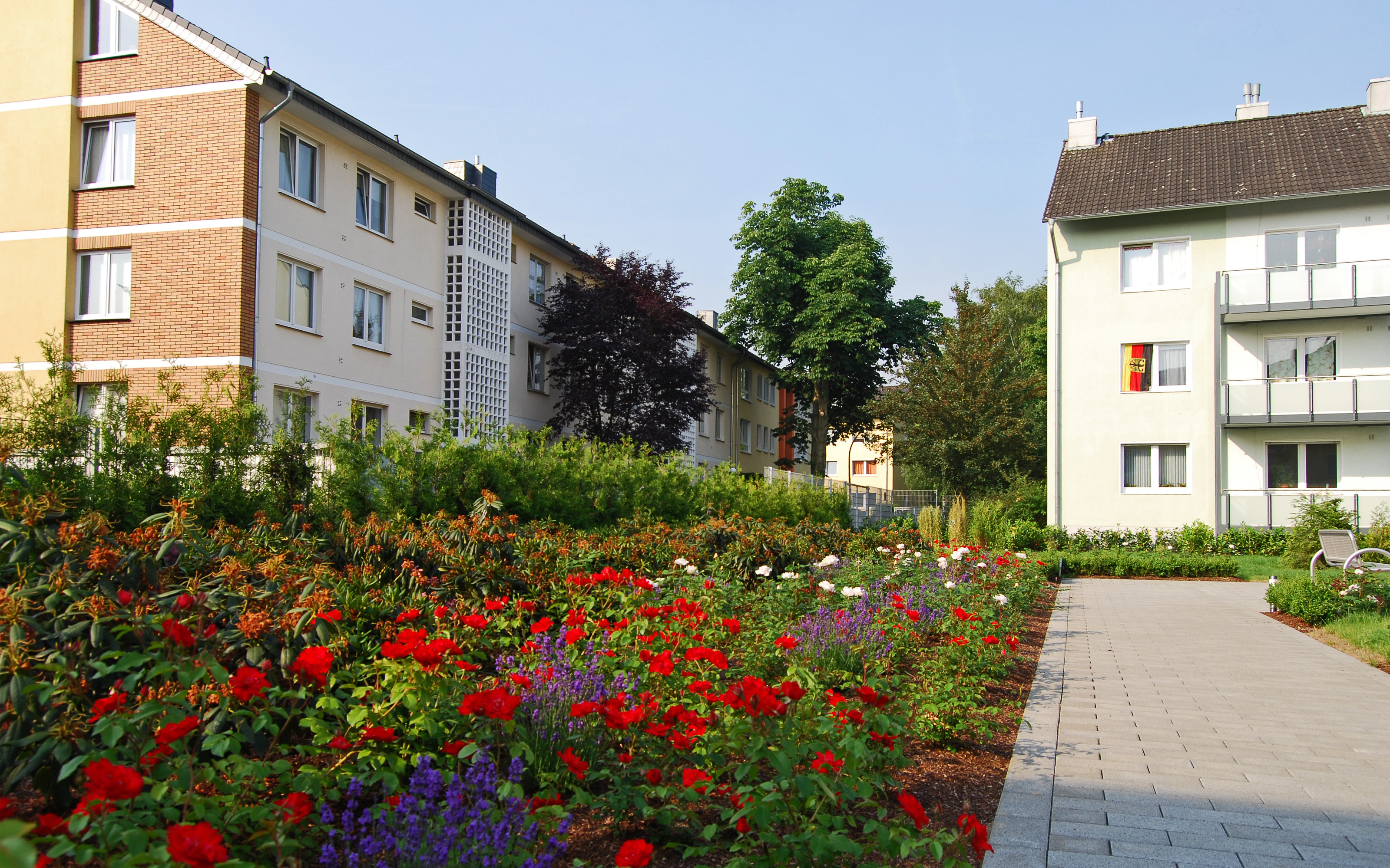 Wohnanlage mit farbenfrohem Blumenbeet mit roten Rosen und blauen Stauden.