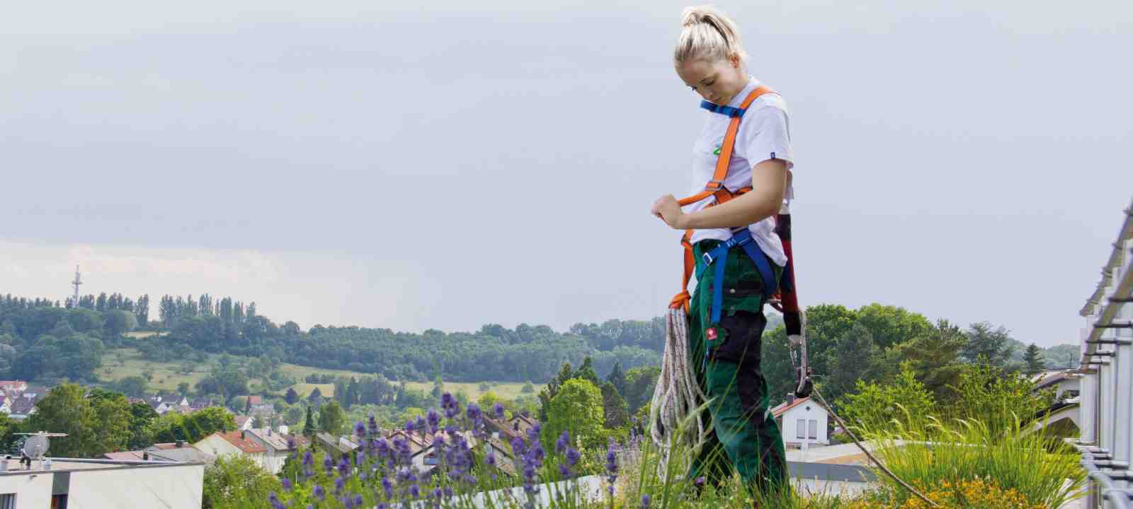 Person mit Absturzsicherung auf Gründach