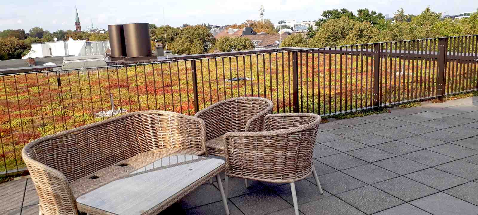 Dachterrasse mit Korbstühlen vor einem Sedum-Dach