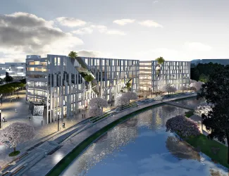 Der Kö-Bogen schmiegt sich nach dem Entwurf des Architekten Daniel Libeskind an das Wasserbecken der Landskrone im Hofgarten. © „die developer“ Projektentwicklung GmbH Der Kö-Bogen vor einem Wasserkanal
