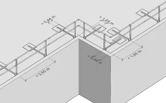 Unter Berücksichtigung der vorgegebenen Abstände lässt sich das System an die Dachgeometrie anpassen. Zeichnung für den Einbau des Geländers
