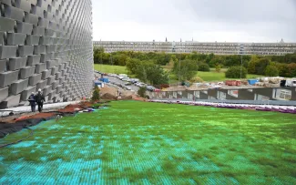 Kunststoffmatten mit hindurchwachsendem Gras auf einem Schrägdach