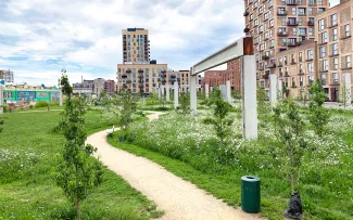 Spazierweg durch eine begrünte Wohnanlage mit Rasen, Obstbäumen und Wiese