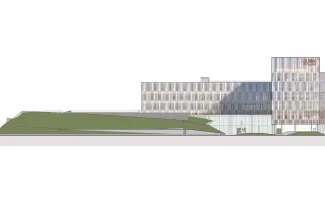 Die begrünte Veranstaltungshalle von LiUNA ist der architektonische Blickfang des Gebäudeensembles. © Diamond Schmitt Architects Architekturzeichnung