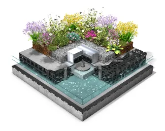 Gewinner der GaLaBau Innovations-Medaille: Der Systemaufbau „Sponge City Roof“ mit dem HydroSpacer® HS 170 verbindet hohen Wasserspeicher mit passiver kapillarer Nachlieferung.