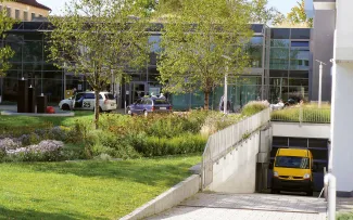 Begrünte Tiefgaragendecke mit Autos