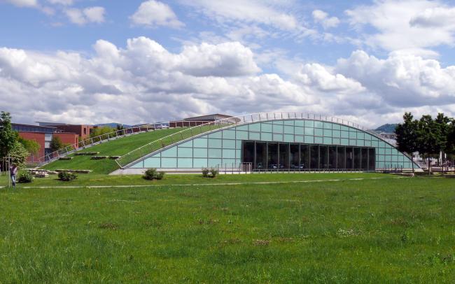 Mit Rasen begrüntes Tonnendach geht in Wiesenlandschaft über