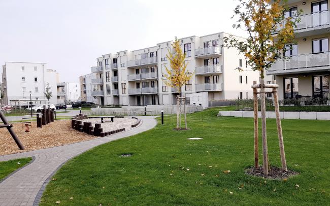 Wohnsiedlung mit Spielplatz, Rasen, kleinen Bäumen und Parkplätzen